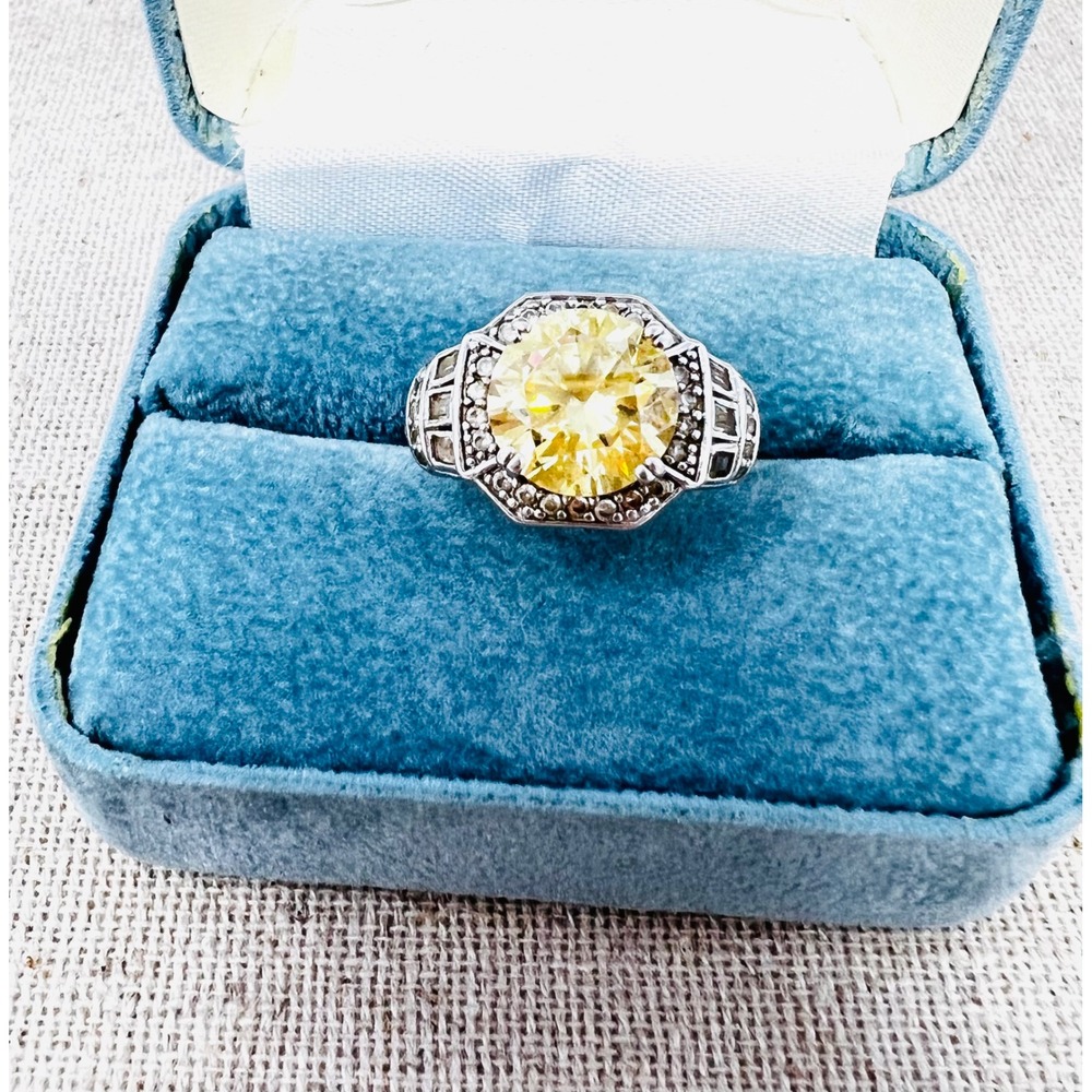 Art Deco Style QVC Sterling Silver Yellow Canary Citrine Halo Cocktail Ring SZ 9